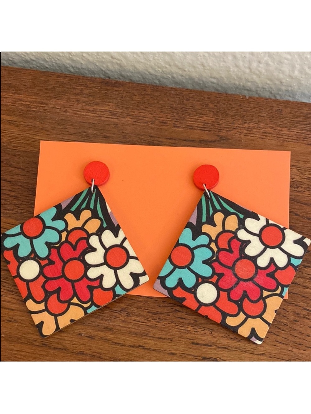 Handcrafted Floral Orange and Teal Wood Drop Earrings